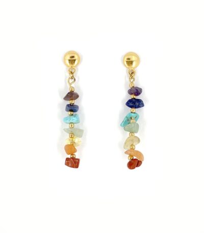 Brinco Chakra Ouro - brinco dourado com pedras naturais coloridas