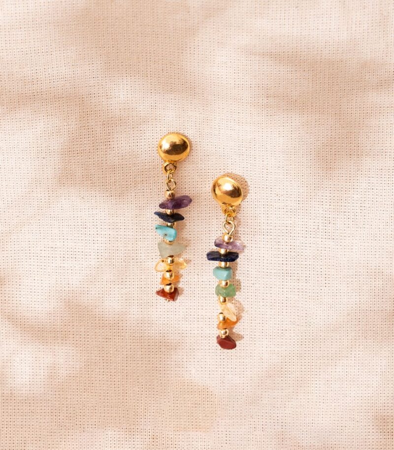 Brinco Chakra Ouro - brinco dourado com pedras naturais coloridas - Imagem 3