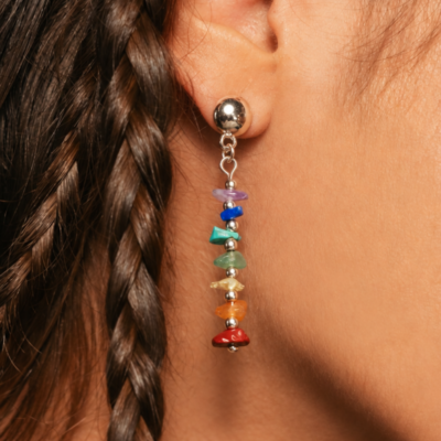 Brinco Chakra Prata - brinco prateado com pedras naturais coloridas