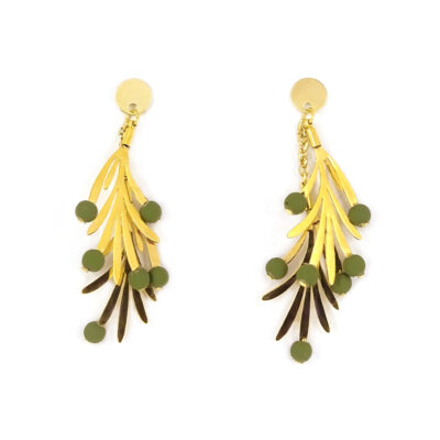 Brinco Oliva  - brinco de cacho de folhas em metal dourado com bolinhas em verde