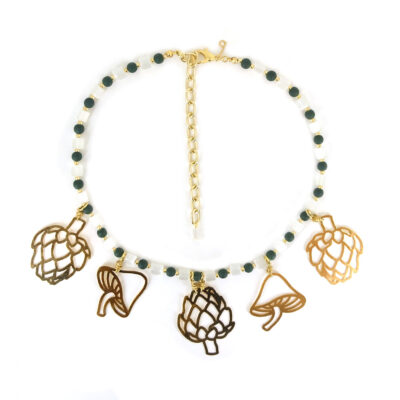 Colar Carciofi - Colar em metal dourado de cogumelo e alcachofra e contas de vidro
