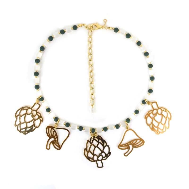 Colar Carciofi - Colar em metal dourado de cogumelo e alcachofra e contas de vidro