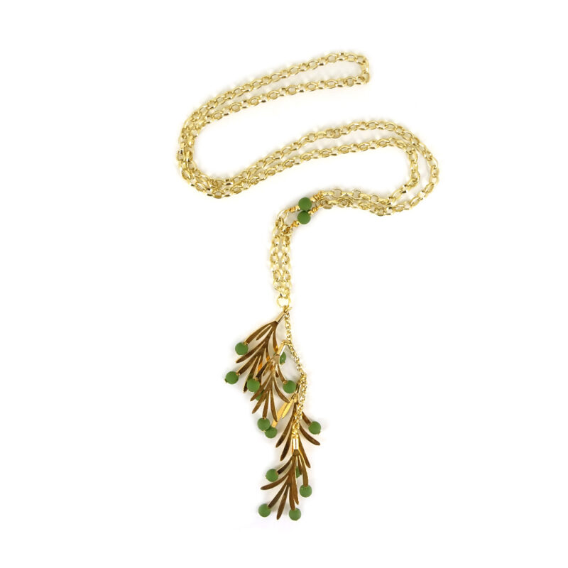 Colar Oliva - Colar de cacho de folhas em metal dourado com bolinhas em verde