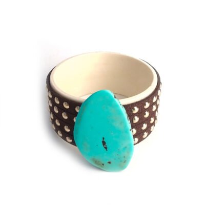 Pulseira Beat – pulseira crua e turquesa e couro com dourado