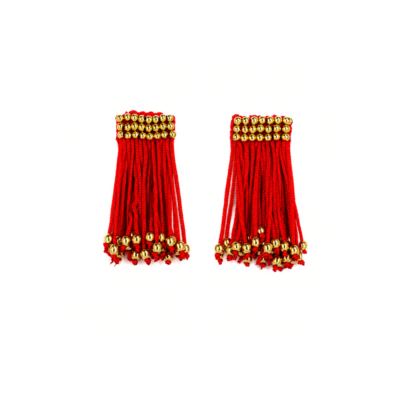 Brinco Franjado Vermelho - brinco com franjas em tom de vermelho e bolinhas douradas