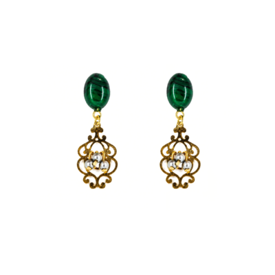 Brinco Passo - brinco de metal dourado com bolinhas grafites e resina verde