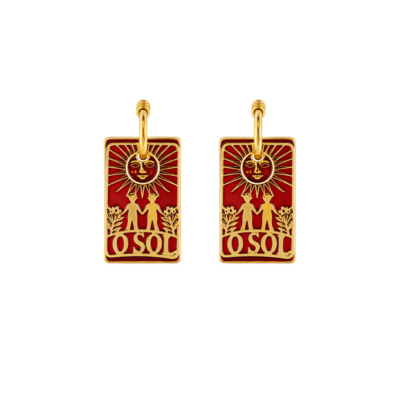Brinco Tarôt Vermelho - brinco com argola e duas placas penduradas