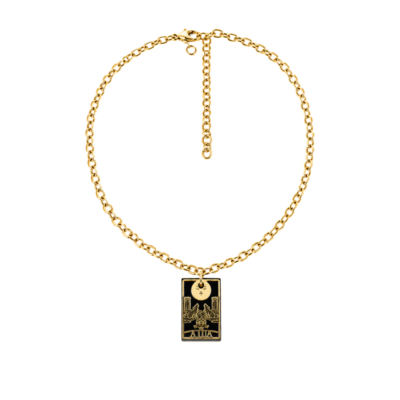 Colar Tarôt  Preto - resina fosca preta, pingente de metal dourada e corrente cadeado dourado