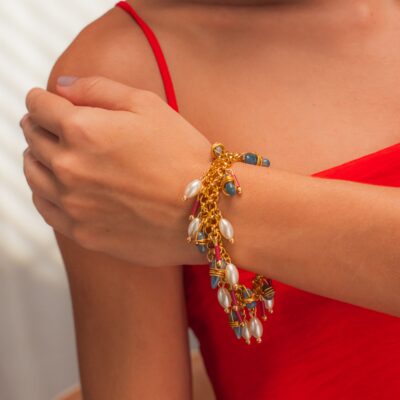 Pulseira Margaritas - Pulseira dupla de elo português dourado com mix de pedras