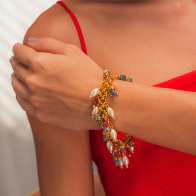 Pulseira Margaritas - Pulseira dupla de elo português dourado com mix de pedras